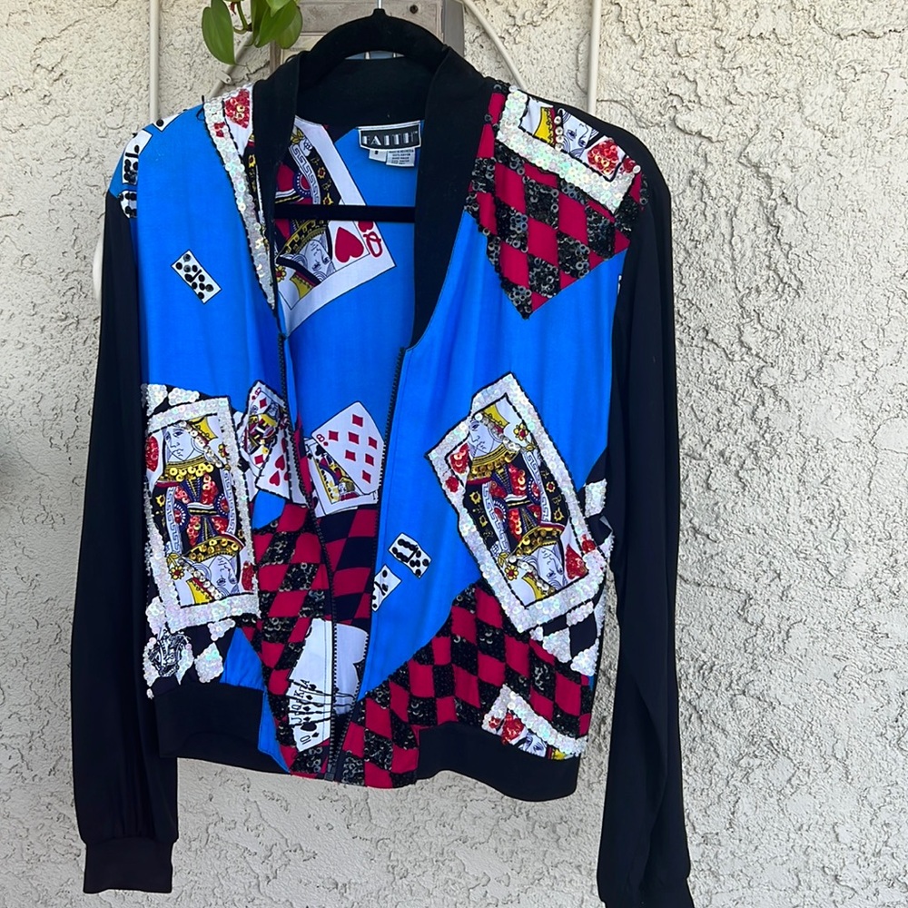 Womens Sm bombers lightweight jacket. Sequined queen cards.